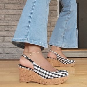 Gingham Print Cork Wedges